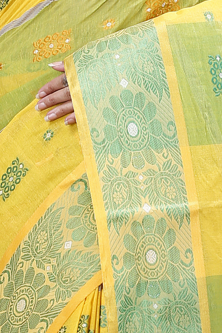 Yellow Green Pure Cotton RajSahi Tant Saree (953)